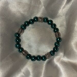 Hand Crafted Teal Beaded Bracelet with Silver Details